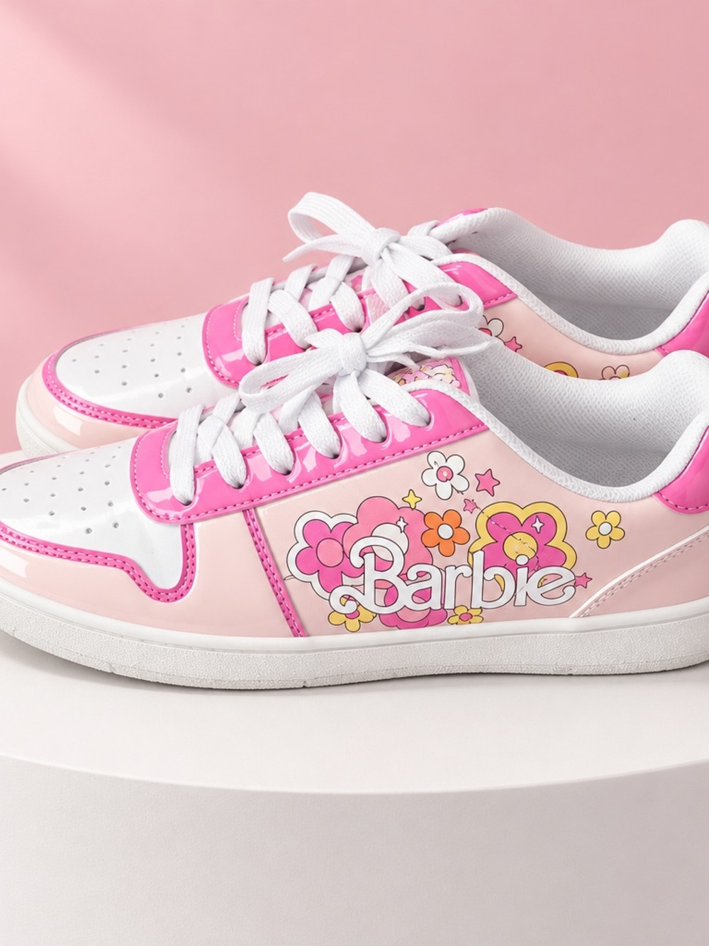 Barbie Womens Pink Floral Logo Sneakers